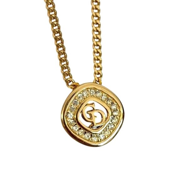 Authentic Christian Dior Vintage Rhinestone Crystal Round Necklace Gold Plated - Picture 1 of 11
